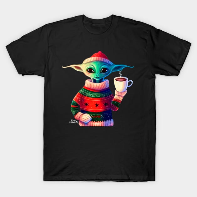 Christmas Funny Alien Wearing Sweater T-Shirt by extraordinar-ia